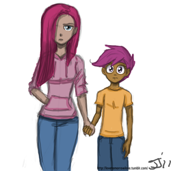 Size: 1280x1280 | Tagged: safe, artist:johnjoseco, pinkie pie, scootaloo, human, g4, clothes, dark skin, duo, duo female, female, holding hands, hoodie, humanized, pinkamena diane pie