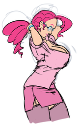 Size: 743x1137 | Tagged: safe, artist:moronsonofboron, pinkie pie, human, g4, big breasts, breasts, busty pinkie pie, cleavage, clothes, female, glasses, hair, huge breasts, humanized, microskirt, miniskirt, ponytail, sideboob, skirt, socks, solo, thigh highs, thigh socks