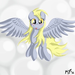 Size: 2000x2000 | Tagged: safe, artist:kinkyspree, derpy hooves, pegasus, pony, g4, cloud, female, flying, high res, looking at you, mare, smiling, solo, spread wings, tongue out, wings