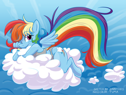 Size: 1200x900 | Tagged: safe, artist:1trick, artist:zinnthos, rainbow dash, pegasus, anthro, unguligrade anthro, g4, blushing, cloud, collaboration, female, mare, prone, sky, solo, wristband