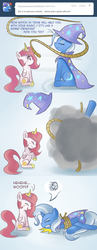 Size: 667x1722 | Tagged: safe, princess celestia, trixie, alicorn, pony, unicorn, ask gamer luna, g4, comic, dialogue, duo, duo female, female, filly, filly celestia, mare, pink-mane celestia, rope, sitting, tied up, younger