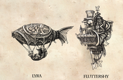 Size: 800x520 | Tagged: safe, artist:saturnspace, fluttershy, lyra heartstrings, g4, airship, monochrome, no pony, steampunk