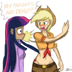 Size: 700x700 | Tagged: safe, artist:johnjoseco, applejack, twilight sparkle, human, g4, abuse, batman, belly button, blushing, cutie mark on human, duo, duo female, female, front knot midriff, humanized, meme, midriff, my parents are dead, reality ensues, simple background, slap, twilybuse, white background
