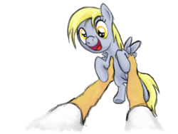 Size: 800x600 | Tagged: safe, artist:myminiatureequine, derpy hooves, human, pegasus, pony, g4, cute, daaaaaaaaaaaw, derpabetes, female, filly, foal, happy, holding a pony, offscreen character, pov, simple background, smiling, transparent background