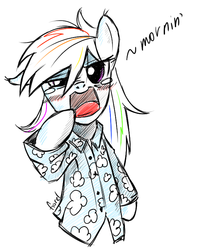 Size: 631x762 | Tagged: safe, artist:fiarel, rainbow dash, pegasus, pony, g4, clothes, female, mare, messy mane, morning ponies, pajamas, simple background, sketch, solo, white background, yawn