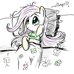 Size: 1000x1000 | Tagged: safe, artist:fiarel, fluttershy, pegasus, pony, g4, bed, clothes, female, mare, messy mane, midriff, morning ponies, on back, pajamas, pillow, short shirt, sketch, solo