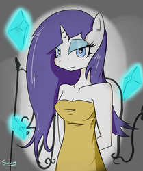 Size: 671x803 | Tagged: safe, artist:swomswom, rarity, anthro, g4, bare shoulders, clothes, dress, female, lidded eyes, solo