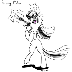 Size: 1000x1000 | Tagged: dead source, safe, artist:fiarel, twilight sparkle, pony, unicorn, g4, artifact, bedroom eyes, bipedal, bottle, brony cola, drink, drinking, female, grayscale, levitation, lidded eyes, lineart, magic, mare, messy, monochrome, nose wrinkle, open mouth, partial color, raised leg, rearing, simple background, sketch, smiling, soda, solo, telekinesis, text, tongue out, unicorn twilight, white background