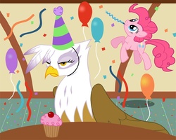 Size: 726x581 | Tagged: artist needed, source needed, safe, gilda, pinkie pie, earth pony, griffon, pony, g4, annoyed, balloon, cupcake, duo, duo female, female, hat, mare, party, party hat, party horn, streamers