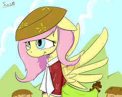 Size: 1280x1024 | Tagged: safe, artist:swomswom, fluttershy, pegasus, pony, g4, bipedal, clothes, female, floppy ears, hanbok, hat, korean, mare, smiling, solo