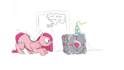 Size: 1600x900 | Tagged: artist needed, source needed, safe, pinkie pie, earth pony, pony, g4, companion cube, female, hat, mare, party hat, pinkamena diane pie, portal (valve)
