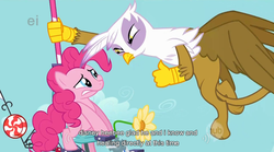 Size: 853x473 | Tagged: safe, screencap, gilda, pinkie pie, earth pony, griffon, pony, g4, griffon the brush off, duo, duo female, female, flying, looking at each other, mare, pedalcopter, pinkiecopter, youtube caption