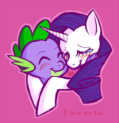 Size: 400x413 | Tagged: dead source, safe, artist:ryus-girl, rarity, spike, dragon, pony, unicorn, g4, blushing, eyes closed, female, heart, hug, interspecies, male, mare, outline, ship:sparity, shipping, simple background, smiling, spikelove, straight
