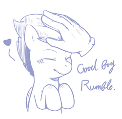 Size: 450x440 | Tagged: safe, artist:japananon, artist:昔の傷口, rumble, pegasus, pony, g4, colt, disembodied hand, eyes closed, foal, hand, heart, male, monochrome, petting, sitting, sketch, smiling, solo