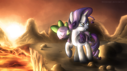Size: 1366x768 | Tagged: safe, artist:fongsaunder, rarity, spike, dragon, pony, unicorn, g4, carrying, cliff, epic, female, glare, interspecies, male, mare, ship:sparity, shipping, straight, sunset, wasteland