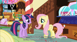 Size: 854x471 | Tagged: safe, screencap, fluttershy, twilight sparkle, pegasus, pony, unicorn, g4, griffon the brush off, my little pony: friendship is magic, season 1, eye contact, female, looking at each other, mare, sugarcube corner, tv rating, tv-y, youtube caption