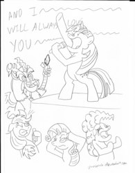 Size: 850x1089 | Tagged: safe, artist:unoservix, applejack, discord, pinkie pie, rarity, twilight sparkle, draconequus, earth pony, pony, unicorn, g4, bad singing, bipedal, crying, female, lighter, male, mare, microphone, monochrome, singing, song reference, whitney houston