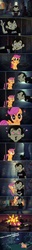 Size: 640x5066 | Tagged: safe, artist:astringe, scootaloo, pegasus, pony, g4, comic, crossover, cute, cutealoo, dan, dan vs, explosion, female, filly, heart, holding a pony, puppy dog eyes, scootalove, sleeping