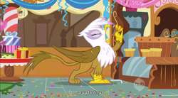 Size: 855x471 | Tagged: safe, edit, edited screencap, screencap, gilda, griffon, g4, griffon the brush off, caption, drugs, eyes closed, female, meme, solo, sugarcube corner, text, youtube caption