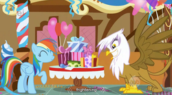 Size: 854x471 | Tagged: safe, screencap, gilda, rainbow dash, griffon, pegasus, pony, g4, griffon the brush off, season 1, duo, duo female, female, griffon teeth, hub logo, mare, present, sugarcube corner, youtube caption