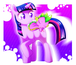 Size: 1162x989 | Tagged: safe, artist:si1vr, spike, twilight sparkle, dragon, pony, unicorn, g4, abstract background, dragons riding ponies, duo, female, looking back, male, mare, riding, sleeping, smiling, spike riding twilight, spikelove