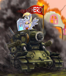 Size: 1041x1200 | Tagged: safe, artist:mew, derpy hooves, dinky hooves, pegasus, pony, unicorn, g4, crossover, equestria's best mother, female, filly, fire, flag, juice box, mare, metal slug, smiling, smoke, sv-001, tank (vehicle), weapon
