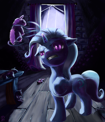 Size: 2400x2800 | Tagged: safe, artist:danosix, trixie, pony, unicorn, g4, backlighting, female, floppy ears, gritted teeth, high res, magic, mare, raised hoof, solo, telekinesis, voodoo doll