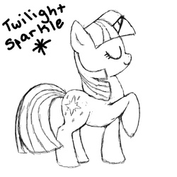 Size: 1080x1080 | Tagged: safe, artist:sugar-plum, twilight sparkle, pony, unicorn, g4, eyes closed, female, mare, monochrome, profile, raised hoof, smiling, solo