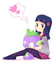 Size: 466x535 | Tagged: safe, artist:framboosi, spike, twilight sparkle, human, g4, clothes, female, heart, humanized, looking at you, miniskirt, pantyhose, plushie, sailor uniform, school uniform, schoolgirl, shoes, simple background, sitting, skirt, stockings, thigh highs, white background