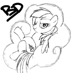 Size: 1080x1080 | Tagged: safe, artist:sugar-plum, rainbow dash, pegasus, pony, g4, cloud, female, mare, monochrome, on back, one eye closed, smiling, solo