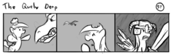 Size: 802x253 | Tagged: safe, artist:tetrapony, derpy hooves, dragon, pegasus, pony, comic:the daily derp, g4, comic, female, helmet, mare, monochrome, muffin, skyrim, sword, the elder scrolls, the quely derp