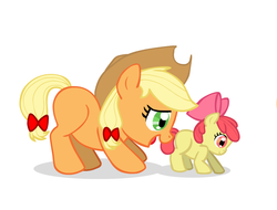 Size: 1364x1038 | Tagged: safe, artist:sugar-plum, apple bloom, applejack, earth pony, pony, g4, bow, duo, duo female, encouragement, female, filly, foal, hair bow, simple background, tail bow, teenager, white background