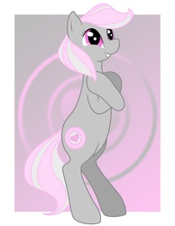 Size: 889x1145 | Tagged: safe, artist:immortaltanuki, oc, oc only, oc:companion pony, earth pony, pony, robot, robot pony, abstract background, bipedal, companion cube, ponified, portal (valve), smiling, solo