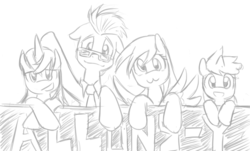 Size: 826x500 | Tagged: safe, artist:saturnspace, amethyst star, derpy hooves, dinky hooves, doctor whooves, sparkler, time turner, earth pony, pegasus, pony, unicorn, g4, female, filly, looking at you, male, mare, monochrome, smiling, stallion
