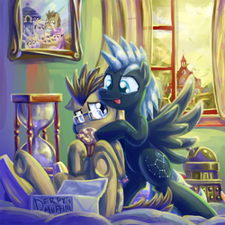 Size: 800x800 | Tagged: safe, artist:saturnspace, amethyst star, derpy hooves, dinky hooves, doctor whooves, sparkler, star hunter, time turner, earth pony, pegasus, pony, unicorn, g4, bed, dalek, doctor who, female, gay, jack harkness, male, mare, muffin, shipping, stallion, stardoc, tongue out, underhoof