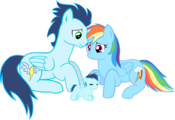 Size: 2726x1876 | Tagged: safe, artist:ludiculouspegasus, rainbow dash, soarin', oc, oc:sky dasher, pegasus, pony, g4, baby, baby pony, backwards cutie mark, colt, cute, daaaaaaaaaaaw, family, female, foal, male, mare, offspring, parent:rainbow dash, parent:soarin', parents:soarindash, prone, ship:soarindash, shipping, simple background, smiling, soarinbetes, stallion, straight, transparent background