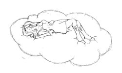 Size: 1024x610 | Tagged: safe, artist:sugar-plum, fluttershy, human, g4, clothes, cloud, cutie mark on clothes, dress, female, humanized, monochrome, on back, sleeping, socks, solo