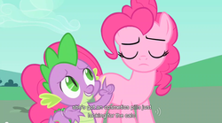 Size: 852x474 | Tagged: safe, edit, edited screencap, screencap, pinkie pie, spike, dragon, earth pony, pony, g4, caption, female, male, mare, text, youtube caption