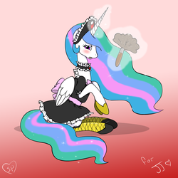 Size: 1024x1024 | Tagged: safe, artist:sugar-plum, princess celestia, alicorn, pony, g4, blushing, clothes, duster, female, fishnet stockings, maid, mare, princess, sitting, solo