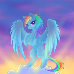 Size: 2222x2222 | Tagged: dead source, safe, artist:jacky-bunny, rainbow dash, pegasus, pony, g4, female, flying, high res, mare, sky, smiling, smirk, solo
