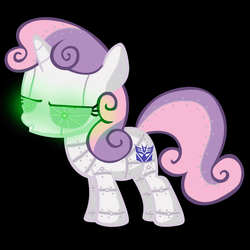 Size: 900x900 | Tagged: safe, sweetie belle, pony, robot, robot pony, unicorn, g4, black background, decepticon, female, filly, glowing, glowing eyes, hooves, horn, simple background, solo, sweetie bot, transformers