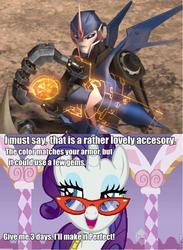 Size: 601x822 | Tagged: safe, rarity, pony, unicorn, g4, arcee, female, glasses, hub logo, mare, polarity gauntlet, rarity's glasses, roflbot, transformers