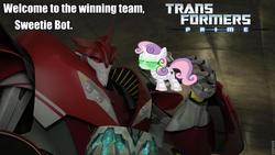 Size: 960x542 | Tagged: safe, sweetie belle, pony, robot, unicorn, g4, crossover, female, filly, foal, hooves, horn, knock out, sweetie bot, transformers, transformers prime