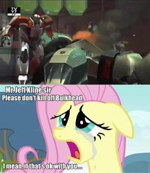 Size: 835x960 | Tagged: safe, fluttershy, pegasus, pony, g4, hurricane fluttershy, bulkhead, crying, female, floppy ears, mare, ratchet, roflbot, transformers, tv rating