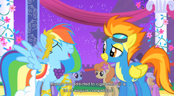 Size: 850x470 | Tagged: safe, edit, edited screencap, screencap, amethyst star, carrot top, golden harvest, rainbow dash, sparkler, spitfire, earth pony, pegasus, pony, unicorn, g4, season 1, the best night ever, caption, clothes, dress, female, gala dress, goggles, mare, night, uniform, wonderbolts, wonderbolts uniform, youtube caption