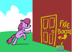 Size: 550x400 | Tagged: safe, artist:catfood-mcfly, berry punch, berryshine, earth pony, pony, g4, animated, bipedal, door, drunk, dumb running ponies, female, frame by frame, gets 'em every time, gif, mare, painted door, silly, silly pony, solo
