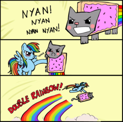 Size: 679x675 | Tagged: safe, artist:stevecook23, artist:suekat, rainbow dash, pegasus, pony, g4, crossing the memes, double rainbow, duo, exploitable meme, female, flying, grab my meme, mare, meme, nyan cat, nyan dash, rainbow trail, sonic rainboom