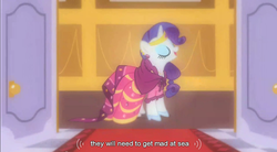 Size: 853x470 | Tagged: safe, screencap, rarity, pony, unicorn, g4, season 1, the best night ever, clothes, dress, eyes closed, female, gala dress, glass slipper (footwear), high heels, mare, shoes, solo, youtube caption