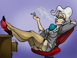 Size: 790x588 | Tagged: safe, artist:susiebeeca, mayor mare, human, g4, breasts, cigarette, clothes, eyes closed, feet on table, female, garter belt, garters, glasses, gradient background, high heels, humanized, shoes, sitting, smoking, socks, solo, stockings, tattoo, thigh highs