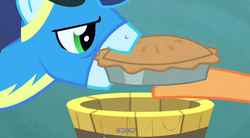 Size: 852x471 | Tagged: safe, edit, edited screencap, screencap, applejack, soarin', earth pony, pegasus, pony, g4, season 1, the best night ever, cancer, caption, clothes, duo, female, food, goggles, male, mare, mouth hold, op is a duck, op is trying to start shit, pie, stallion, text, uniform, wonderbolts, wonderbolts uniform, youtube caption